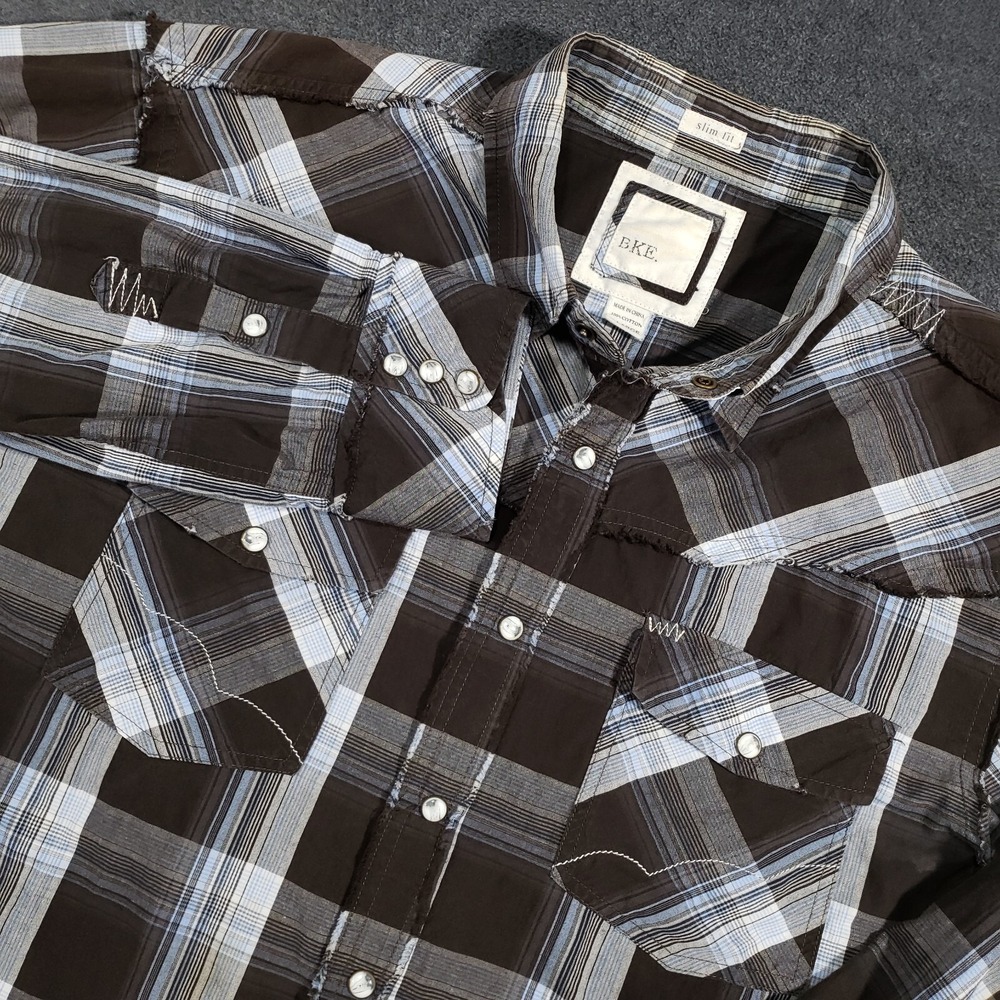 BKE Buckle Pearl Snap Shirt Men XL Plaid Standard Slim Long Sleeve Baroque Crown